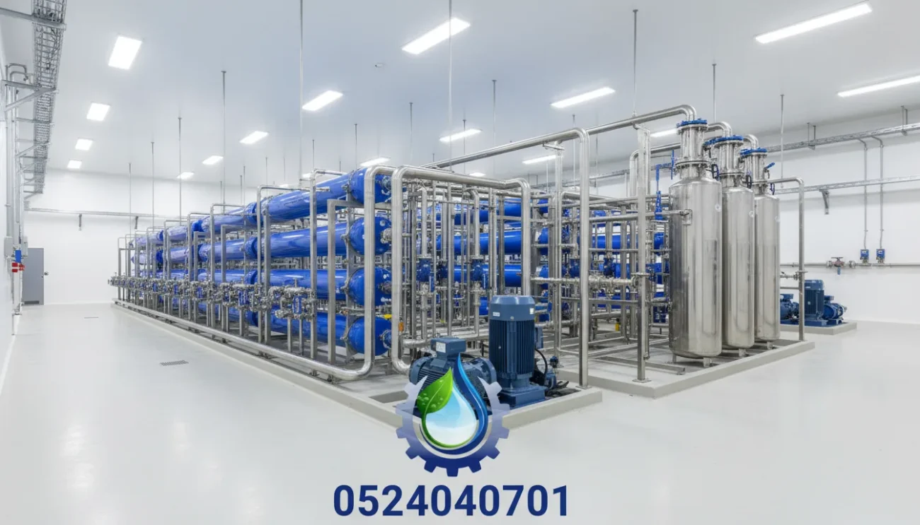أنواع محطات تحلية المياه الصناعية مع رقم 0524040701 وشعار الشركة في المنتصف السفلي