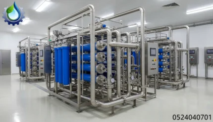 محطة تحلية وتنقية مياه صناعية مع رقم 0524040701 وشعار الشركة