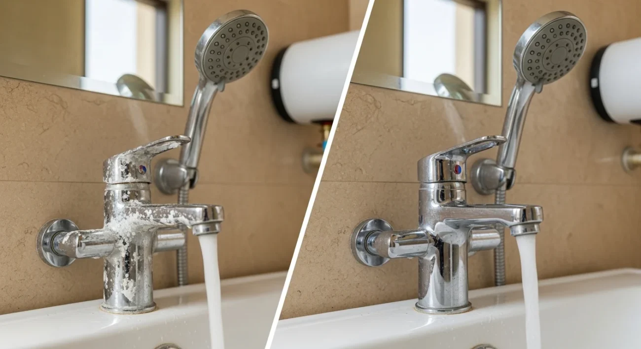 فلاتر مياه في رأس الخيمة | تركيب وصيانة سريعة 2026 3 ترسبات الكالسيوم والتكلسات الناتجة عن عسر مياه الإمارات على الحنفيات ورؤوس الدش