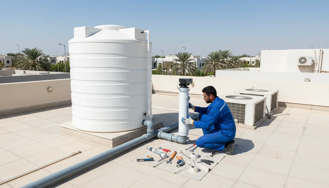 فلاتر مياه في أبوظبي | تركيب وصيانة سريعة 1 تركيب فلتر خزان مياه في فيلا بمدينة محمد بن زايد